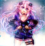  adult_neptune bracelet breasts choker cleavage collarbone cowboy_shot d-pad d-pad_hair_ornament hair_ornament hands_on_hips holster hood hoodie jewelry lapia large_breasts long_hair long_sleeves looking_at_viewer neptune_(series) open_mouth pose purple_eyes purple_hair shin_jigen_game_neptune_vii smile solo star thigh_holster very_long_hair 