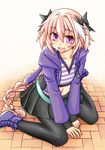  astolfo_(fate) between_legs black_legwear boots braid brick_floor commentary crop_top eyebrows_visible_through_hair fang fate/apocrypha fate_(series) full_body hair_between_eyes hair_intakes hair_ribbon hand_between_legs highres hood hoodie jacket kumapan long_hair looking_at_viewer male_focus midriff navel open_clothes open_jacket open_mouth otoko_no_ko pink_hair purple_eyes ribbon shirt single_braid sitting skirt smile solo striped striped_shirt thighhighs v-neck very_long_hair wariza white_background 