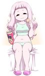  bangs blunt_bangs breasts closed_eyes curvy eating hair_down jasminka_antonenko little_witch_academia long_hair medium_breasts navel no_pupils nollety pink_hair plump pringles sitting slippers smile solo tank_top white_background wide_hips 