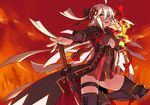  :d black_legwear breasts center_opening dark_skin fate_(series) katana koha-ace large_breasts long_hair looking_at_viewer negi_(ulog'be) okita_souji_(alter)_(fate) okita_souji_(fate)_(all) open_mouth sheath sheathed smile solo sword thighhighs weapon white_hair yellow_eyes 