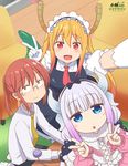  bangs beads black_bow blonde_hair blue_eyes blunt_bangs blush bow double_v dragon_girl dragon_horns dragon_tail dress glasses gloves gradient_hair hair_beads hair_ornament hairband highres horns kanna_kamui kobayashi-san_chi_no_maidragon kobayashi_(maidragon) kyoto_animation lavender_hair long_hair looking_at_viewer low_twintails maid maid_headdress multicolored_hair multiple_girls necktie official_style open_mouth purdoy25 reaching_out red_hair self_shot slit_pupils smile tail tooru_(maidragon) twintails v 