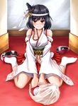  :t bag black_hair blush detached_sleeves exis floral_print food geta hair_ornament headband highres japanese_clothes kantai_collection obi plastic_bag red_eyes remodel_(kantai_collection) sash shoe_removed shoes short_hair single_shoe sitting tears wariza wide_sleeves yamashiro_(kantai_collection) 