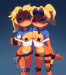  2019 anthro bandage bandicoot belt black_nose blonde_hair breasts clone clothing coco_bandicoot countershade_torso countershading crash_bandicoot_(series) digital_media_(artwork) duo exposed_breasts eyelashes eyewear female fingerless_gloves flashlight fur gloves goggles goggles_on_head green_eyes hair kempferzero kneepad lipstick makeup mammal marsupial multicolored_fur navel nipple_tape orange_fur pasties pendant ponytail raised_shirt square_crossover tape video_games 