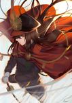  black_hair cape family_crest fate/grand_order fate_(series) from_above gloves hat highres japanese_clothes koha-ace lanzi_(415460661) long_hair long_sleeves military military_uniform oda_nobunaga_(fate) oda_uri orange_eyes sword uniform weapon white_gloves wind 