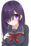  :o blush breasts eyebrows_visible_through_hair hair_ornament hair_over_one_eye hairclip hand_on_own_chest hashiko_nowoto highres large_breasts long_hair looking_at_viewer neckerchief original parted_lips purple_eyes purple_hair red_neckwear school_uniform serafuku simple_background solo tareme upper_body white_background 