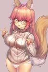  \m/ alternate_hairstyle animal_ears bespectacled black-framed_eyewear bow bow_panties breasts cameltoe cowboy_shot eyelashes fate/extella fate/extra fate_(series) fox_ears fox_shadow_puppet fox_tail glasses grey_sweater hair_between_eyes hair_down large_breasts legs_together long_hair long_sleeves looking_at_viewer medium_breasts panties pink_hair ribbed_sweater shiny shiny_clothes simple_background skindentation sleeves_past_wrists smile solo sweater tail tamamo_(fate)_(all) tamamo_no_mae_(fate) tangamja underwear white_bow white_panties yellow_eyes 