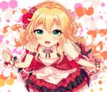  blonde_hair blush commentary_request dress flower foreshortening green_eyes hair_flower hair_ornament hairband idolmaster idolmaster_cinderella_girls idolmaster_cinderella_girls_starlight_stage looking_at_viewer looking_up minemura open_mouth rose sakurai_momoka short_hair smile solo 