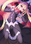  bat_wings blazblue blonde_hair bow detached_sleeves dress gothic_lolita lolita_fashion long_hair low_wings lying ninopal on_back open_mouth rachel_alucard red_eyes ribbon solo twintails very_long_hair wings 