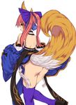  animal_ears ass bangs black_footwear bow closed_mouth cowboy_shot detached_sleeves fate/extra fate_(series) fox_ears fox_girl fox_tail from_behind hair_bow japanese_clothes large_bow leg_up long_hair looking_at_viewer looking_back no_panties obi pelvic_curtain pink_hair profile purple_bow purple_legwear sandals sash shoes simple_background solo standing standing_on_one_leg tail tamamo_(fate)_(all) tamamo_no_mae_(fate) tangamja tassel thighhighs thighs twintails white_background yellow_eyes 