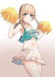  alternate_costume androgynous armpits bare_shoulders blue_eyes blush cheerleader chevalier_d'eon_(fate/grand_order) chihuri clothes_writing commentary_request crop_top crop_top_overhang crossdressing fate/grand_order fate_(series) frown hair_ribbon light_brown_hair long_hair looking_at_viewer midriff miniskirt navel pom_poms ponytail ribbon skirt sleeveless solo sweat 