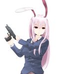  absurdres animal_ears blazer breasts bunny_ears closed_mouth commentary_request gun hair_between_eyes highres holding holding_gun holding_weapon jacket large_breasts lavender_hair long_hair long_sleeves looking_at_viewer necktie red_eyes red_neckwear reisen_udongein_inaba reloading solo surota touhou upper_body weapon 