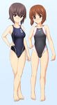  absurdres barefoot black_eyes black_hair black_swimsuit bob_cut brown_eyes brown_hair clothes_writing competition_swimsuit full_body girls_und_panzer hand_on_hip highres looking_at_viewer multiple_girls nishizumi_maho nishizumi_miho one-piece_swimsuit short_hair siblings sisters speedo_(company) swimsuit takafumi younger 