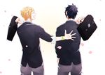  bag black_hair blonde_hair bookbag cherry_blossoms final_fantasy final_fantasy_xv freckles from_behind hand_on_back konpei10 male_focus multiple_boys noctis_lucis_caelum petals prompto_argentum school_uniform spiked_hair teenage wristband younger 