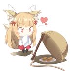  1girl animal_ears bangs blonde_hair blunt_bangs blush_stickers chibi commentary da-mii drop_trap ear_wiggle food fox_ears fox_tail heart long_hair oshiro_project plate red_eyes rope senko_(oshiro_project) simple_background solo stick tail tofu torii_hair_ornament white_background wide-eyed 