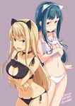  3: :d alessandra_susu animal_ears bangs bell bell_choker black_bra black_panties blonde_hair blue_eyes blue_hair blunt_bangs blush bra breasts cat_cutout cat_ear_panties cat_ears cat_lingerie choker cleavage cleavage_cutout closed_mouth collarbone dated fake_animal_ears frilled_bra frills grey_background hairband jingle_bell kichihachi large_breasts long_hair looking_at_viewer meme_attire multiple_girls open_mouth panties paw_print red_eyes side-tie_panties sidelocks simple_background smile standing tan tanline teeth tendouji_musubi tokyo_7th_sisters twitter_username underwear underwear_only v-shaped_eyebrows white_bra white_panties 