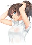  antenna_hair armpit_peek armpits arms_up bangs blue_eyes breasts breath brown_hair collared_shirt commentary_request ganaha_hibiki hair_between_eyes idolmaster idolmaster_(classic) large_breasts looking_at_viewer open_mouth ponytail see-through shirt short_sleeves simple_background solo sweat tying_hair upper_body white_background white_shirt yamayoshi_tanosuke 