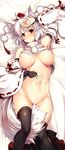  animal_ears ass_visible_through_thighs black_gloves black_legwear breasts closed_mouth dakimakura detached_sleeves fingerless_gloves gloves grey_background hat highres inubashiri_momiji large_breasts looking_at_viewer lying navel nipples on_back ouma_tokiichi pom_pom_(clothes) red_eyes ribbon-trimmed_legwear ribbon-trimmed_sleeves ribbon_trim simple_background solo tail thighhighs tokin_hat touhou white_hair white_legwear wolf_ears wolf_tail 