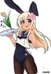  adapted_costume animal_ears blonde_hair blue_eyes breasts brown_legwear bunny_ears bunny_tail bunnysuit character_name cherry covered_navel cowboy_shot crop_top drink flower food fruit glass hair_flower hair_ornament highres japanese_flag kantai_collection long_hair looking_at_viewer mizuki_yayoi one-piece_tan open_mouth pantyhose pantyhose_under_swimsuit ro-500_(kantai_collection) sailor_collar small_breasts solo standing swimsuit tail tan tanline tray twitter_username 