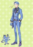  alolan_form alolan_meowth blue_gloves blue_hair blue_pants facial_mark forehead_mark full_body gloves hand_in_pocket kasuka108 male_focus meowth moemon necktie pants personification pokemon pokemon_(creature) purple_footwear purple_neckwear shoes standing vest 