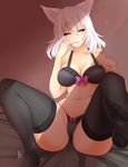  amanda_evelyn_earl animal_ears black_bra black_hanekawa black_legwear black_panties bow bow_bra bow_panties bra breasts cat_ears cleavage hanekawa_tsubasa highres large_breasts monogatari_(series) panties short_hair slit_pupils solo thighhighs underwear underwear_only white_hair yellow_eyes 