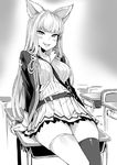  alternate_costume animal_ears arm_support asanagi bangs between_breasts blunt_bangs blush breasts casual commentary desk erune fang granblue_fantasy greyscale grin highres korwa lips long_hair looking_at_viewer medium_breasts monochrome on_desk school_uniform sitting sitting_on_desk skindentation smile solo thighhighs thighs 