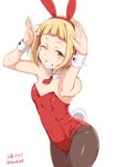 ;d animal_ears arms_up bangs black_legwear blonde_hair blunt_bangs blush brown_eyes bunny_ears bunny_pose bunny_tail bunnysuit character_name cowboy_shot fake_animal_ears kichihachi leotard looking_at_viewer mimori_matsuri one_eye_closed open_mouth pantyhose red_leotard short_hair simple_background smile solo strapless strapless_leotard tail teeth thighs tokyo_7th_sisters twitter_username white_background wrist_cuffs 