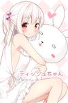  bare_shoulders blush breasts character_name eyebrows_visible_through_hair hair_bobbles hair_ornament heart karutamo long_hair looking_at_viewer medium_breasts object_hug one_side_up original red_eyes silver_hair sitting smile solo stuffed_animal stuffed_bunny stuffed_toy tisshu_(karutamo) 