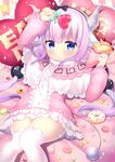  absurdres bad_revision bangs beads blue_eyes blunt_bangs blush bow capelet cookie cream cream_on_face crepe doughnut dragon_girl dragon_horns dragon_tail dress food food_on_face hair_beads hair_bow hair_ornament hairband highres hio_(hiohio0306) holding holding_food horns kanna_kamui kobayashi-san_chi_no_maidragon long_hair long_sleeves looking_at_viewer lying md5_mismatch on_back shiny shiny_skin short_dress silver_hair solo sweets tail thighhighs twintails white_legwear zettai_ryouiki 