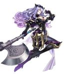  armor armored_boots axe black_armor black_footwear black_panties boots breasts camilla_(fire_emblem_if) capelet cleavage fire_emblem fire_emblem_heroes fire_emblem_if full_body gloves high_heel_boots high_heels highres holding holding_axe holding_weapon large_breasts leather lips loincloth long_hair looking_at_viewer maeshima_shigeki metal_boots official_art panties parted_lips purple_eyes purple_gloves purple_hair shiny shiny_clothes shiny_hair shiny_skin smug solo thigh_boots thighhighs thighs tiara transparent_background underwear vambraces very_long_hair wavy_hair weapon 