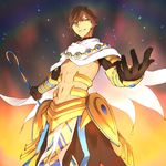  1boy abs armor brown_hair cape earrings elbow_gloves fate/prototype fate/prototype:_fragments_of_blue_and_silver fate_(series) gloves navel open_mouth pants rider_(fate/prototype_fragments) short_hair staff weapon yellow_eyes 