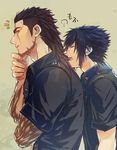  beard black_hair black_jacket facial_hair final_fantasy final_fantasy_xv gladiolus_amicitia hair_kiss hand_on_own_chin jacket long_hair male_focus mongu_(kprs_ff) mullet multiple_boys noctis_lucis_caelum 