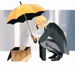  bag blonde_hair bookbag box cat final_fantasy final_fantasy_xv futae_(user_zege8584) kitten male_focus prompto_argentum rain school_uniform solo squatting teenage umbrella 