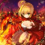  absurdres aestus_estus ahoge artist_name bad_id bad_pixiv_id blonde_hair breasts cleavage closed_mouth dress epaulettes eyebrows_visible_through_hair fate/extra fate_(series) fire flower full_moon green_eyes hair_intakes highres holding holding_weapon large_breasts leotard looking_at_viewer moon nero_claudius_(fate) nero_claudius_(fate)_(all) night petals plant red_dress rose see-through shiny shiny_hair shiny_skin sky smile solo star_(sky) starry_sky sword thorns ttaji_(pass35) vines weapon 