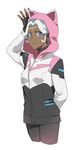  animal_ears arm_behind_back arm_up blue_eyes cat_ears catgirl0926 circlet cowboy_shot dark_skin facial_mark fake_animal_ears fingerless_gloves gloves hood hyakujuu-ou_golion jacket princess_allura smile solo turtleneck voltron:_legendary_defender white_hair 