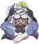  anthro biped bound bulge canine clothed clothing collar ear_piercing erection fenrir fur jacket legwear looking_at_viewer male mammal mohawk muscular muscular_male piercing rope rope_bondage rope_harness simamanta simple_background socks solo tattoo tokyo_afterschool_summoners underwear white_background wolf 