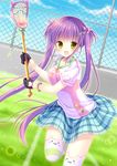  blush fang fence field gloves grass highres lacrosse lacrosse_stick long_hair looking_at_viewer mizuse_ruka moe2017 open_mouth original plaid plaid_skirt purple_hair running short_sleeves skirt solo striped striped_legwear thighhighs twintails yellow_eyes 