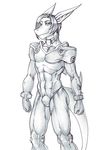  anthro autumm_airwave bodysuit bulge clothing fish hair looking_at_viewer male marine monochrome shark skinsuit smile solo standing tight_clothing 