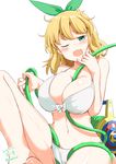  ;3 ;d bangs between_breasts bikini blush bow breasts character_name collarbone dated front-tie_bikini front-tie_top green_bow hair_bow hose kichihachi large_breasts looking_at_viewer navel one_eye_closed open_mouth ryouna_(senran_kagura) senran_kagura senran_kagura_shinovi_versus short_hair simple_background sitting smile solo swimsuit thighs twitter_username wavy_hair white_background white_bikini 