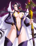  alcyone_(rayearth) black_hair breasts detached_sleeves forehead_jewel hair_intakes hand_on_hip leotard lipstick long_hair magic_knight_rayearth makeup purple_eyes rakusai_(saisai_garou) solo staff thighs very_long_hair 