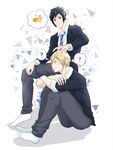  ? black_eyes black_hair blonde_hair blue_eyes blush chocobo final_fantasy final_fantasy_xv freckles hand_in_hair konpei10 male_focus multiple_boys necktie no_shoes noctis_lucis_caelum petting prompto_argentum school_uniform sitting spiked_hair teenage thought_bubble younger 