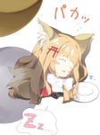  animal_ears bangs blonde_hair blunt_bangs blush_stickers check_commentary chibi closed_eyes commentary commentary_request da-mii fox_ears fox_tail highres long_hair lying on_side open_mouth oshiro_project plate senko_(oshiro_project) simple_background sleeping solo speech_bubble tail tail_wagging torii_hair_ornament triangle_mouth white_background zzz 