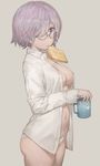  alternate_costume blouse breasts cup fate/grand_order fate_(series) food food_in_mouth from_side glasses hair_over_one_eye highres large_breasts looking_at_viewer mash_kyrielight mouth_hold mug naked_shirt navel open_blouse open_clothes panties purple_eyes purple_hair shirt short_hair sideboob solo thighs toast toast_in_mouth underwear white_panties yohan1754 