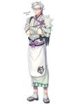  apron black_eyes crossed_arms eyebrows gen_7_pokemon glasses golisopod grey_hair kasuka108 looking_at_viewer male_focus personification pokemon purple-framed_eyewear sandals smile socks solo standing white_legwear 