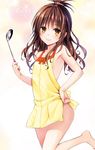  barefoot blush brown_eyes brown_hair feet half_updo ladle long_hair naked_apron official_art smile tagme to_love-ru to_love-ru_darkness yabuki_kentarou yuuki_mikan 