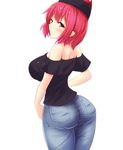  1girl alternate_costume ass bare_shoulders blush breasts denim from_behind hat hecatia_lapislazuli helmet huge_ass jeans large_breasts looking_at_viewer looking_back open_mouth red_eyes red_hair shiny shiny_hair short_hair sideboob simple_background skin_tight solo touhou ui white_background 