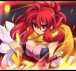  breasts cleavage fire flame katami_shinta large_breasts letterboxed long_hair open_mouth red_eyes red_hair shinrabanshou shiten_rekka_karin solo sword weapon 