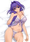  babydoll bed blue_eyes blush braid breasts curvy front-tie_top hair_intakes hair_over_shoulder hips kanon large_breasts lingerie long_hair lying mature minase_akiko mitarashi_kousei navel nipples panties pubic_hair purple_hair see-through shiny shiny_skin single_braid skindentation smile solo underwear 