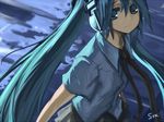  aqua_eyes aqua_hair hatsune_miku long_hair necktie school_uniform skirt smile solo stk twintails very_long_hair vocaloid 