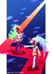  blue_hair demon_girl fang green_eyes green_hair grey_hair horns kneesocks_(psg) multiple_girls panty_&amp;_stocking_with_garterbelt pointing ponytail red_carpet red_skin sako scanty_(psg) school_uniform thighhighs uniform 