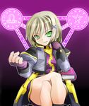  blonde_hair book cropped_jacket crossed_legs fingerless_gloves gloves green_eyes hair_ornament jacket lyrical_nanoha magic_circle magical_girl mahou_shoujo_lyrical_nanoha mahou_shoujo_lyrical_nanoha_a's material-d open_clothes open_jacket sitting solo tome_of_the_purple_sky waist_cape x_hair_ornament 